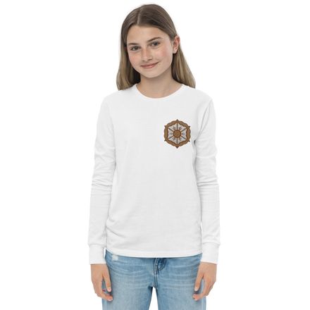 Embroidered Youth Long Sleeve Tee, Monstrance with Golden Pattern, eneyoj, left chest