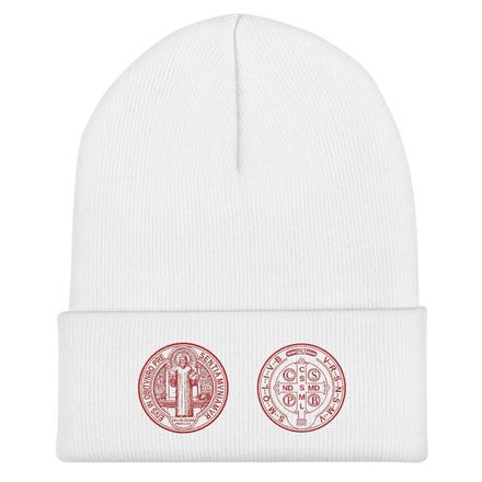 Cuffed Beanie, St. Benedict Medal, filt5a design, red