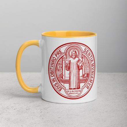 White Ceramic Mug with Color Inside, 11oz &amp; 15oz, St. Benedict Medal, filt5a design, red