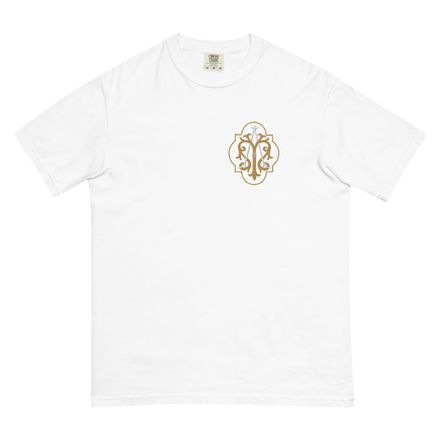 Embroidered Unisex Garment-Dyed Heavyweight T-Shirt, Auspice Maria, Crest with outer, kdegvj, left
