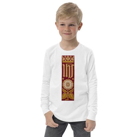 Youth Long Sleeve Tee, IHS Stripe With Crown and Monstrance, Red, yok2qk