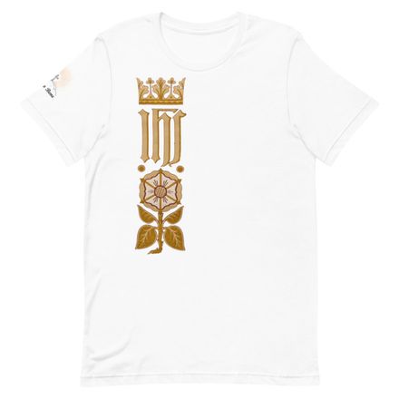 Unisex Staple T-Shirt, IHS Stripe With Crown and Monstrance, vw6yal, right chest