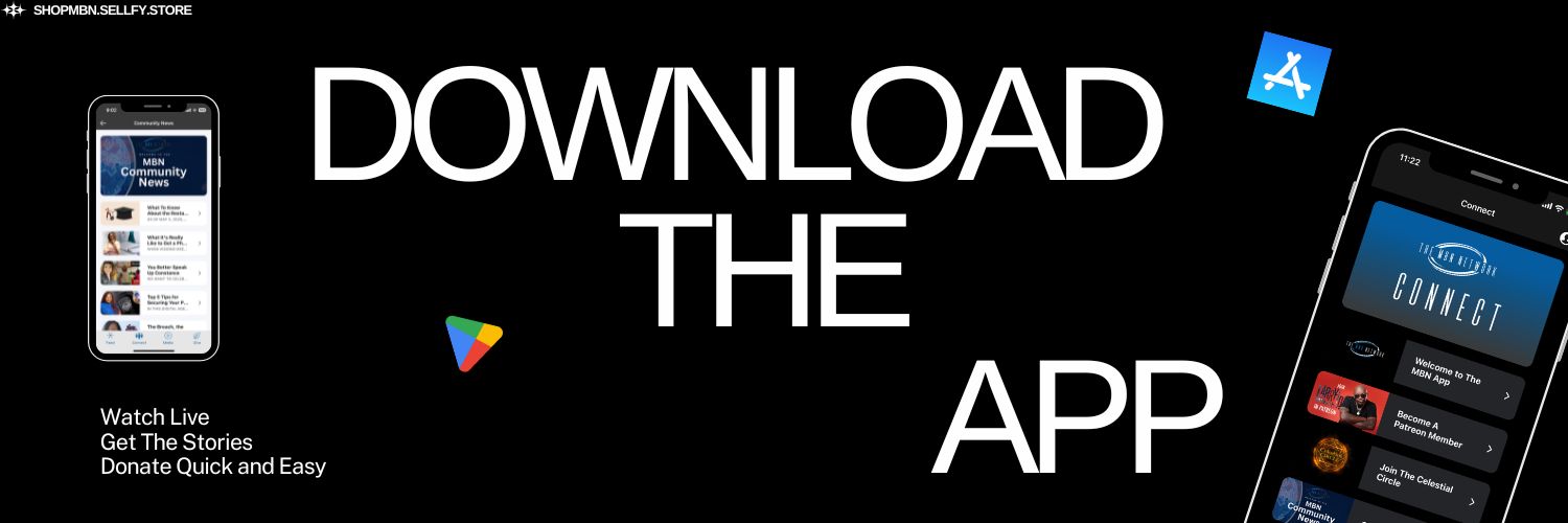 Get The MBN App website header photo with apple and google app store logo