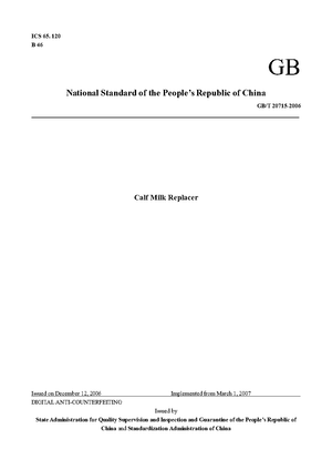 China Standard: GB/T 20715-2006 Calf Milk Replacer