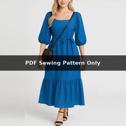 Puff Sleeve Dress Sewing Pattern: Square Neckline, Gathered Hem Ruffle (PDF Pattern)