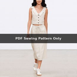 Skirt and Top Set Sewing Pattern: Flat Collar, Low Neckline &amp; Elastic Waist Skirt (PDF Pattern)
