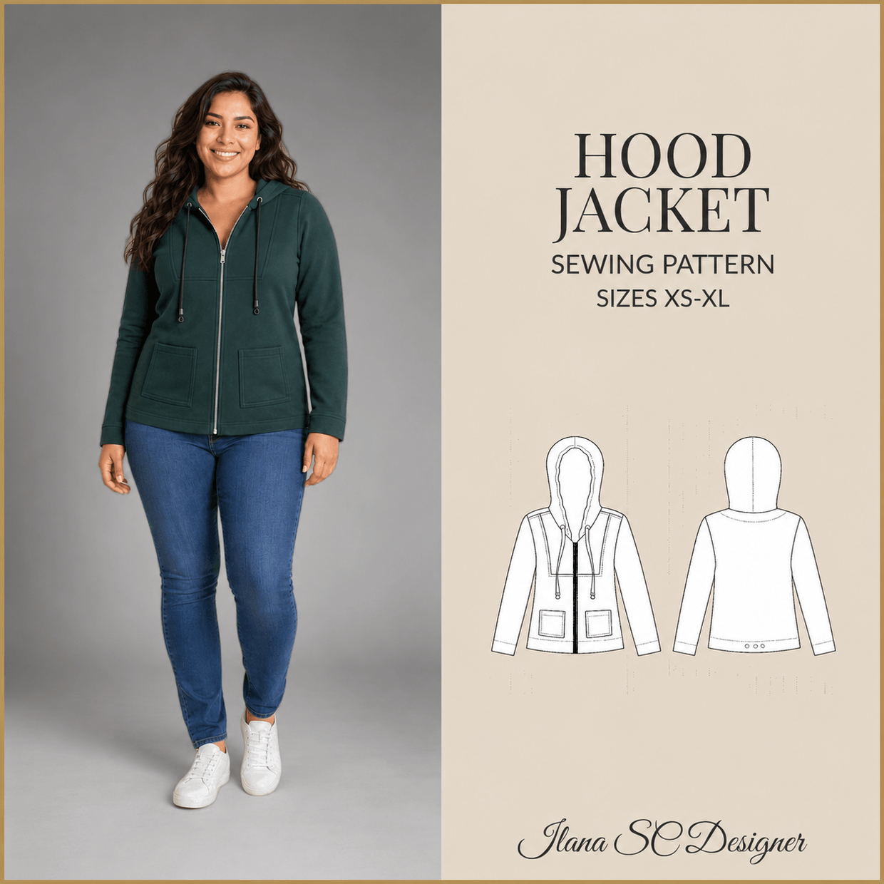 Hood Jacket Sewing Pattern PDF | Zip-Up Hoodie with Drawstring Hood ...