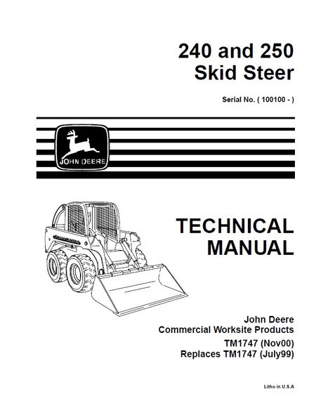 JOHN DEERE 240 AND 250 SKID STEER NOV 2000 TECHNICAL SERVICE REPAIR MANUAL SN 100100 AND UP (TM1747)