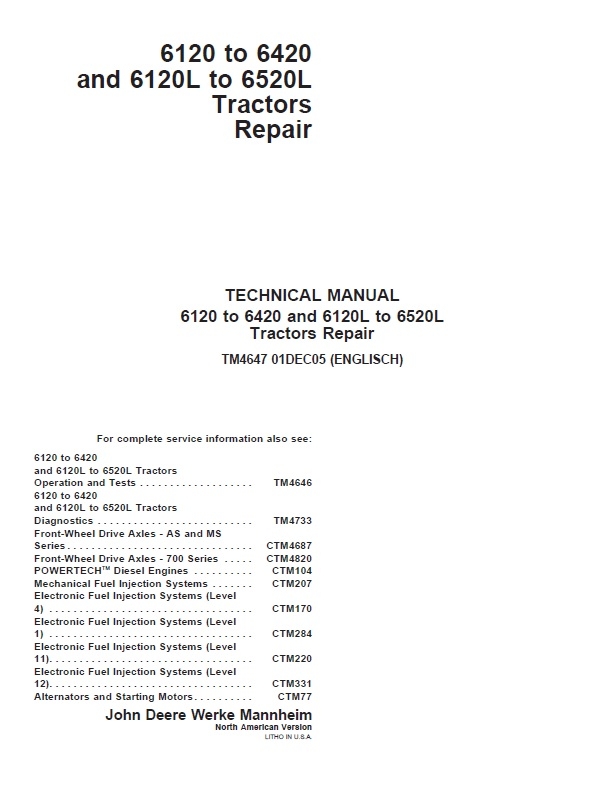 JOHN DEERE 6120 6220 6320 6420 6120L 6220L 6320L 6420L 6520L TRACTORS Technical SERVICE REPAIR