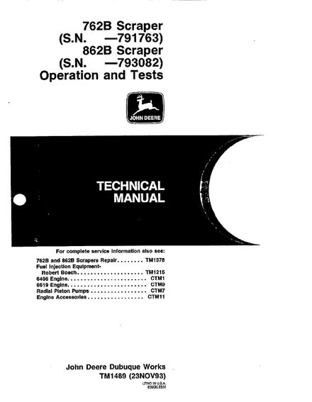 JOHN DEERE 762B 862B SCRAPERS OPERATION AND TEST SERVICE REPAIR MANUAL