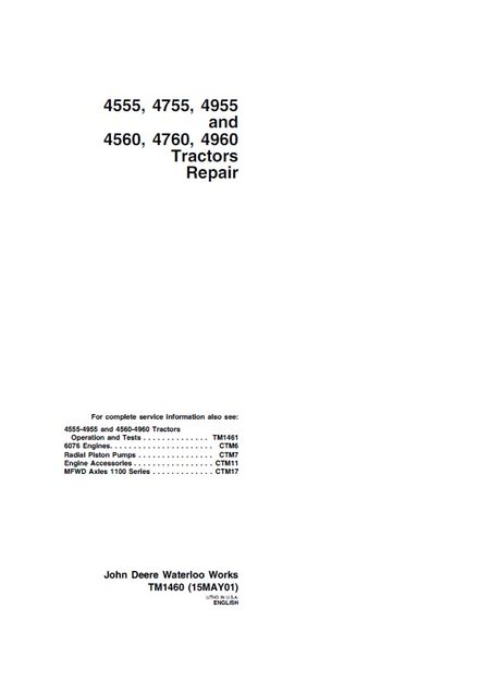 JOHN DEERE 4555 4755 4955 4560 4760 4960 TRACTORS SERVICE REPAIR MANUAL (TM1460)