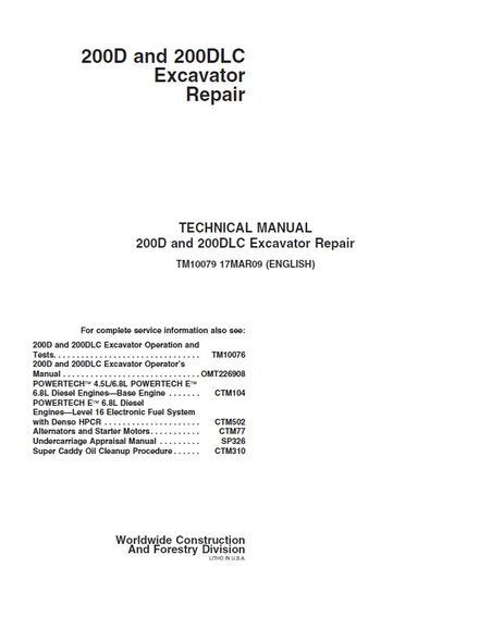 JOHN DEERE 200D, 200DLC EXCAVATOR TECHNICAL SERVICE REPAIR MANUAL (TM10079)