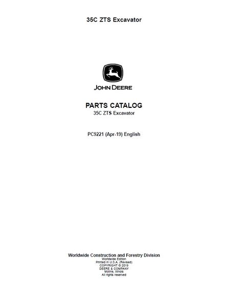 JOHN DEERE 35C ZTS MINI EXCAVATOR PARTS CATALOG MANUAL (PC9221)