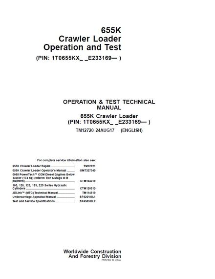 JOHN DEERE 655K CRAWLER DOZER 24AUG17 OPERATION AND TEST REPAIR MANUAL (TM12720)
