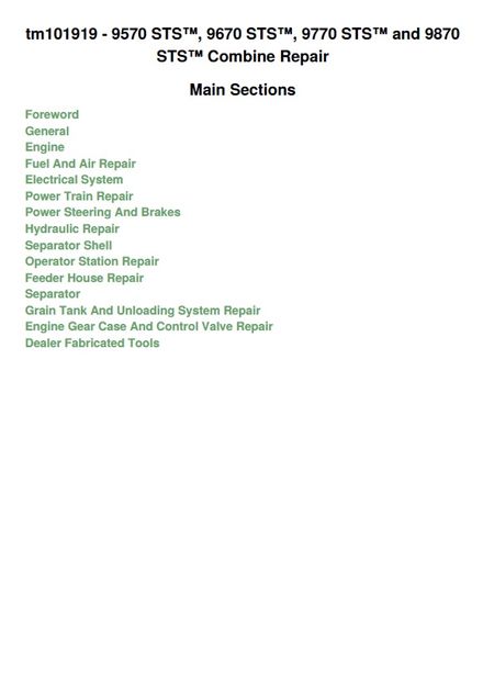 JOHN DEERE 9570 STS, 9670 STS, 9770 STS AND 9870 STS COMBINE SERVICE REPAIR MANUAL (TM101919)