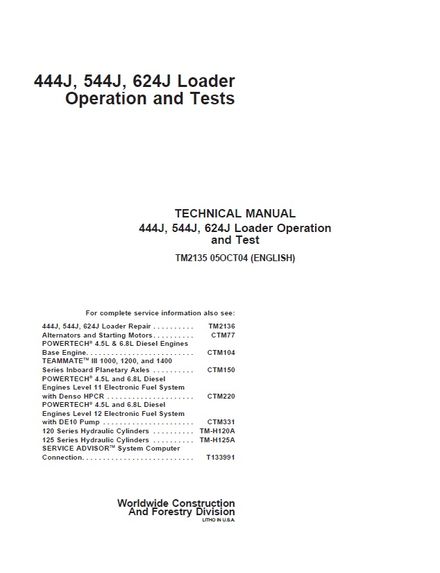 JOHN DEERE 444J, 544J, 624J LOADER OPERATION AND TESTS MANUAL (TM2135)
