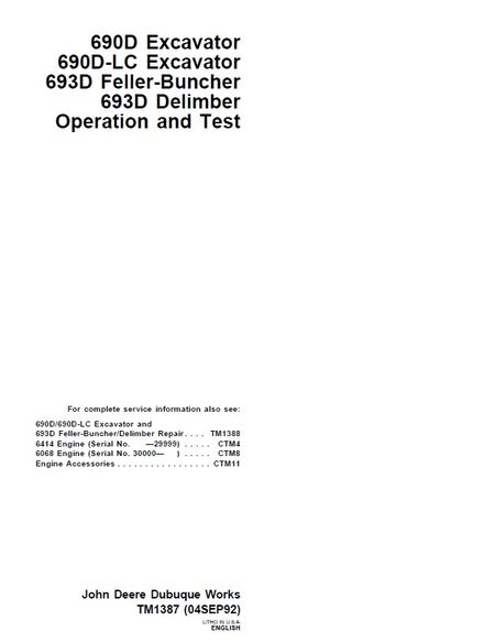 JOHN DEERE 690D EXCAVATOR OPERATION AND TEST SERVICE TECHNICAL MANUAL (TM1387)