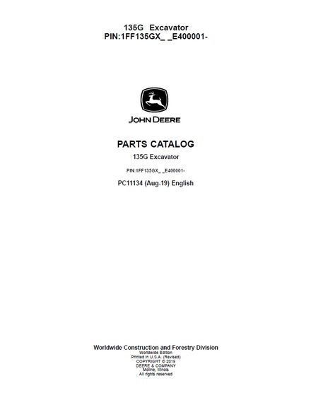 JOHN DEERE 135G EXCAVATOR PARTS CATALOG MANUAL PIN 1FF135GX-E400001 (PC11134)