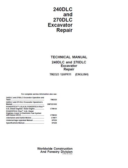 JOHN DEERE 240DLC, 270DLC EXCAVATOR TECHNICAL REPAIR MANUAL (TM2323)