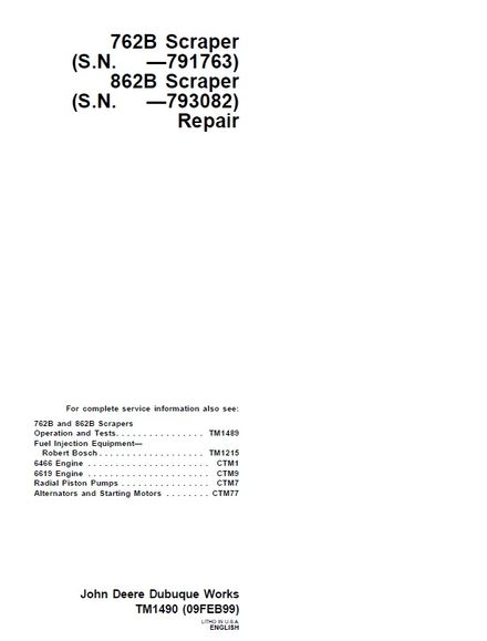 John Deere 762B Scrapers Technical Service Repair Manual (tm1490) SN -791763