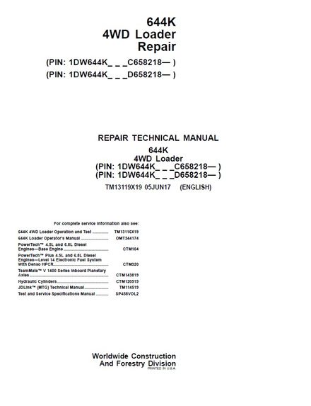 JOHN DEERE 644K 4WD Loader REPAIR TECHNICAL MANUAL PIN 1DW644K_ _ _C658218- (TM13119X19)