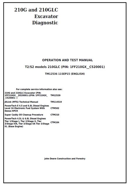 JOHN DEERE 210G 210GLC T2 AND S2 MODELS EXCAVATOR OPERATION AND TEST SERVICE MANUAL (TM12536)