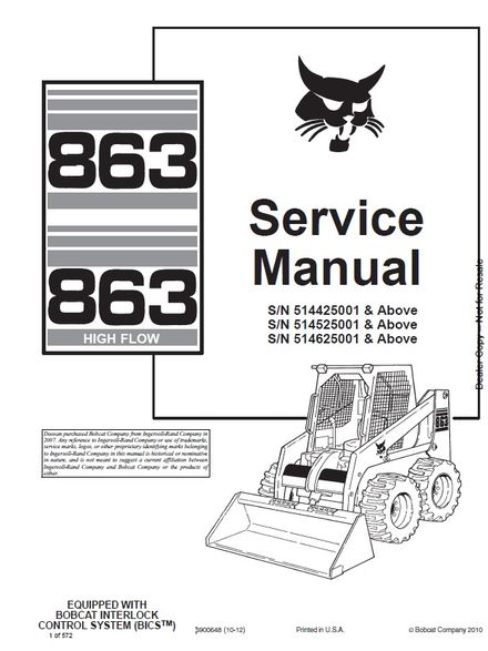 BOBCAT 863, 863 High FLow Skid Steer Loader Service repair manual SN 514425001 &amp; Above (p. nb. 69006