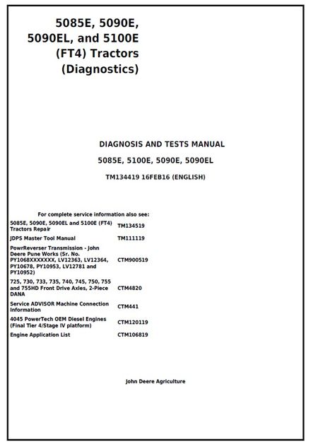 JOHN DEERE 5085E 5090E 5090EL 5100E FT4 TRACTORS DIAGNOSIS TESTS REPAIR MANUAL (TM134419)