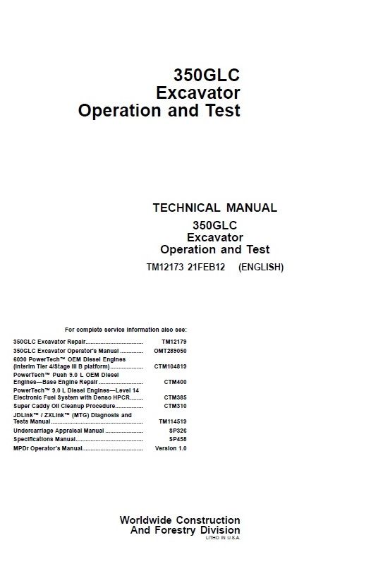 JOHN DEERE 350GLC EXCAVATOR OPERATION AND TEST MANUAL TM12173