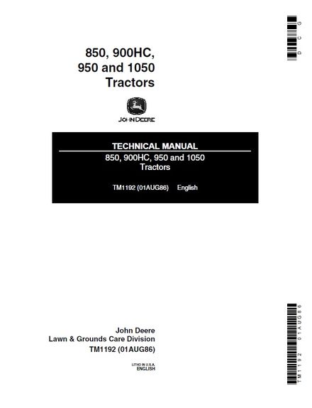 JOHN DEERE 850, 900HC TRACTORS TECHNICAL SERVICE REPAIR MANUAL (TM1192)