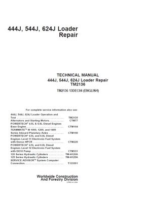 JOHN DEERE 444J, 544J, 624J LOADER TECHNICAL REPAIR MANUAL (TM2136)