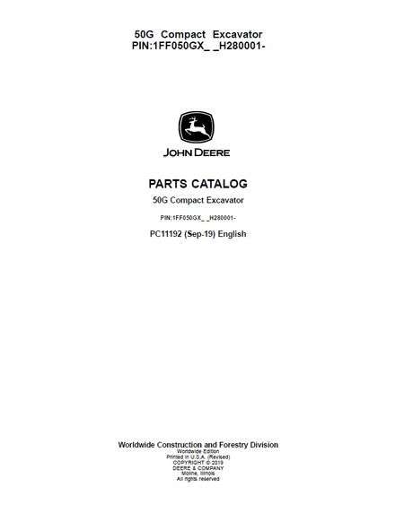 JOHN DEERE 50G COMPACT EXCAVATOR PARTS CATALOG MANUAL PIN 1FF050GX-H280001 (PC11192)