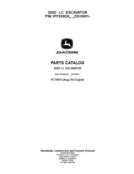 JOHN DEERE 200D, 200D LC EXCAVATOR PARTS CATALOG MANUAL SN 1FF200DX-D510001 (PC10015)