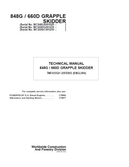JOHN DEERE 848G 660D GRAPPLE SKIDDER TECHNICAL SERVICE REPAIR MANUAL (TMF435521) SN WC660DG001259 up
