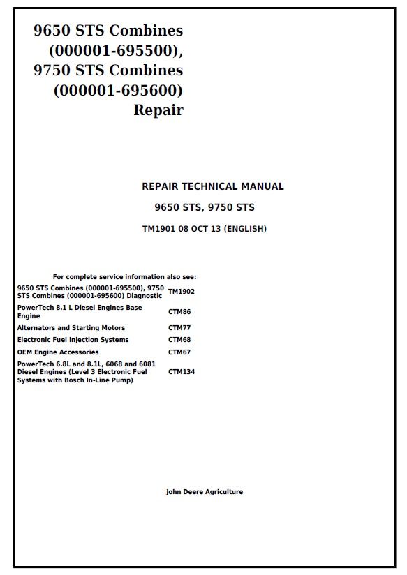 9750 JOHN DEERE 9750 STS COMBINES REPAIR TECHNICAL MANUAL SN 000001-695600 ...