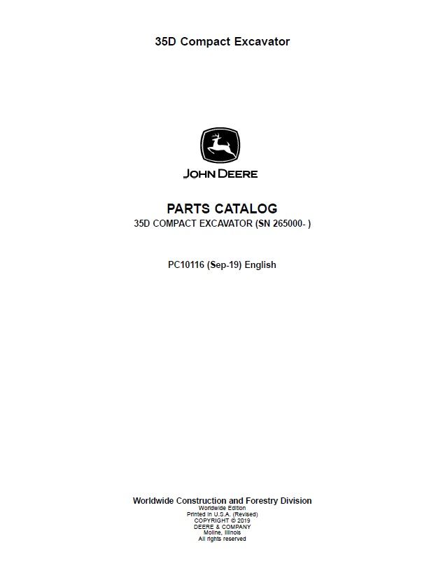 JOHN DEERE 35D COMPACT EXCAVATOR PARTS CATALOG MANUAL (PC10116)