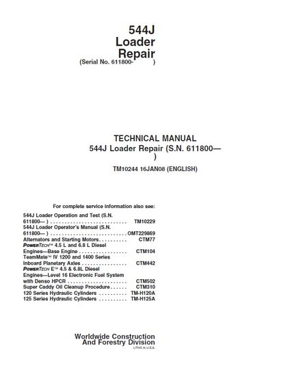 JOHN DEERE 544J LOADER TECHNICAL REPAIR MANUAL (TM10244) S.N. 611800 AND UP