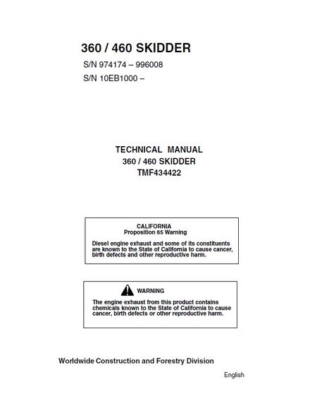 TIMBERJACK JOHN DEERE 360 460 SKIDDERS TECHNICAL SERVICE REPAIR MANUAL SN 10EB1000 &amp; UP (TMF434422)