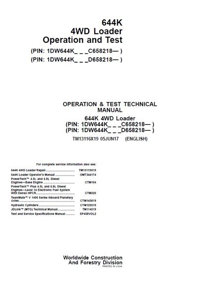 JOHN DEERE 644K 4WD Loader 05 JUN 2017 OPERATION AND TEST REPAIR MANUAL PIN 1DW644K_ _ _C658218