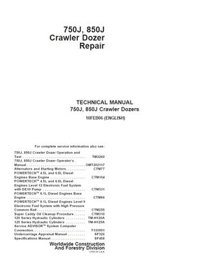 JOHN DEERE 750J, 850J CRAWLER DOZER TECHNICAL REPAIR MANUAL (TM2261)