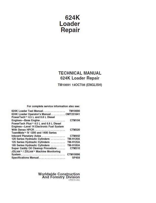 JOHN DEERE 624K LOADER TECHNICAL REPAIR MANUAL (TM10691)