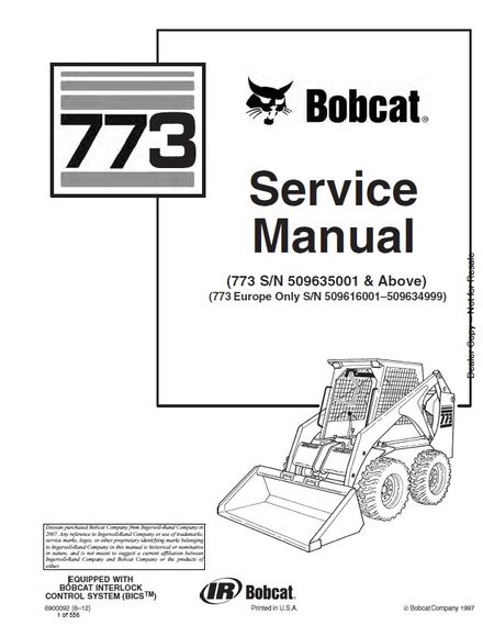BOBCAT 773 Skid Steer Loader Service repair manual SN 509635001 &amp; Above (p. nb. 6900092 6-12)