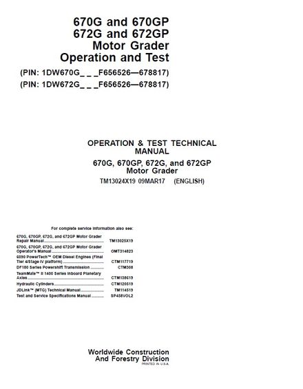 JOHN DEERE 670G, 670GP, 672G, 672GP MOTOR GRADER 09MAR17 OPERATION AND TEST REPAIR MANUAL TM13024X19