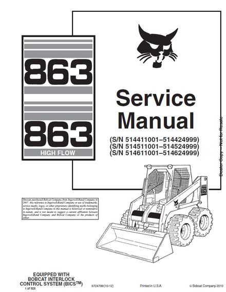 BOBCAT 863, 863 High Flow Skid Steer Loader Service repair manual SN 514511001-514524999