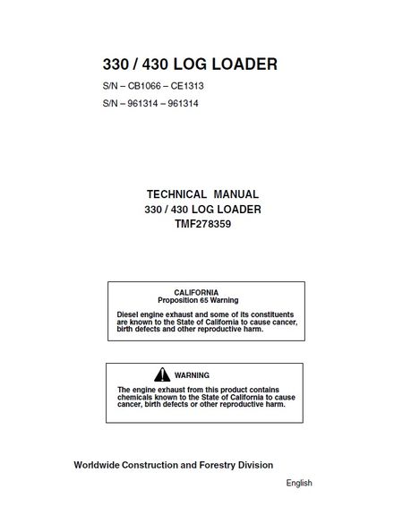 TIMBERJACK JOHN DEERE 330 430 LOG LOADER TECHNICAL SERVICE REPAIR MANUAL SN 961314-961314 TMF278359