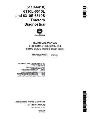 JOHN DEERE 6110-6410, 6110L-6510L, 6310S-6510S TRACTORS DIAGNOSTICS TECHNICAL REPAIR MANUAL (TM4724)