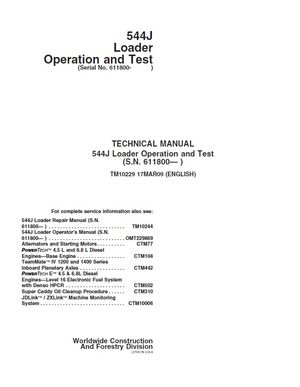 JOHN DEERE 544J LOADER OPERATION AND TEST MANUAL (TM10229) S.N. 611800 AND UP
