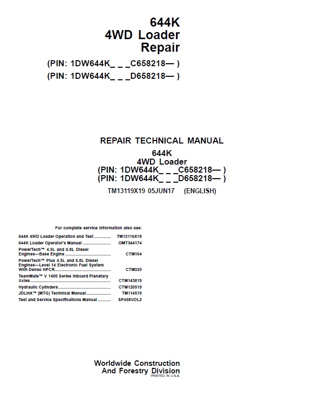 JOHN DEERE 644K 4WD LOADER REPAIR TECHNICAL MANUAL PIN 1DW644K ...