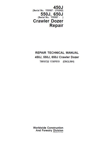 JOHN DEERE 450J CRAWLER DOZER SERVICE REPAIR TECHNICAL MANUAL SN 159987 - 216242 (TM10722)
