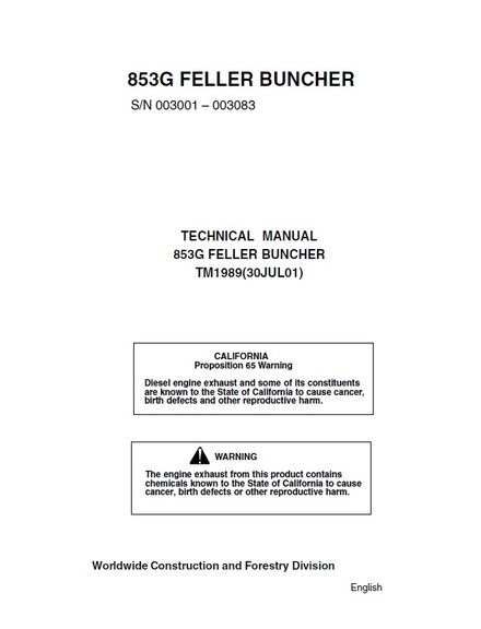 John Deere 853G Feller Buncher Technical Service repair Manual SN 003001-003083